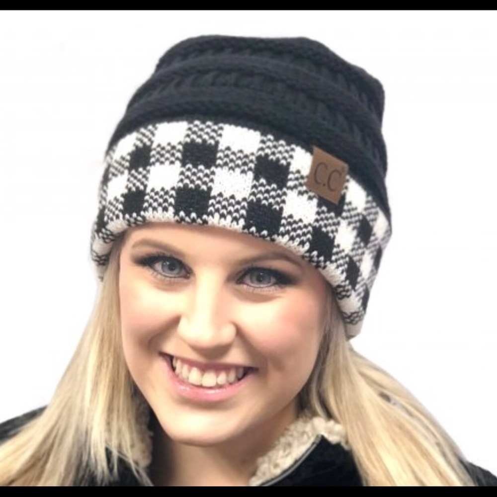 New C.C buffalo plaid trim beanie and gloves